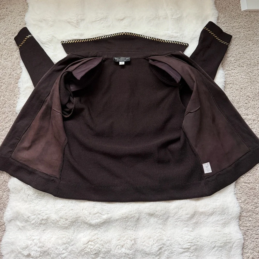 ✨St. John Collection Brown Suede Knit Jacket Gold Chain Trim Zipper Blazer - 10